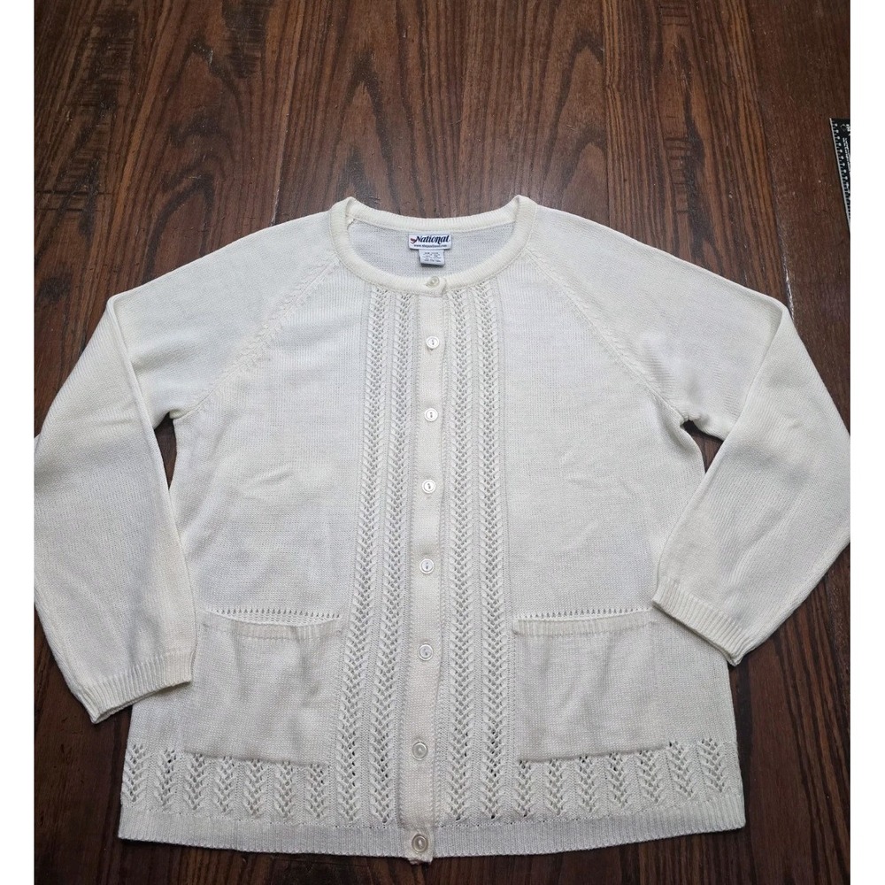 90's National Womens Cream Knit Button Front Cardigan Sweater 1XL EUC